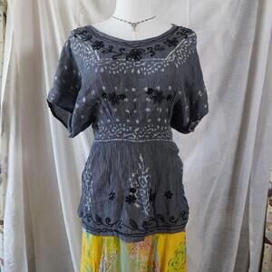 Grey & Black Whimsigoth Embroidered Blouse